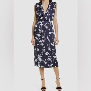 Equipment V Neck Femma Floral Sleeveless Midi Wrap Dress in Navy Size Small